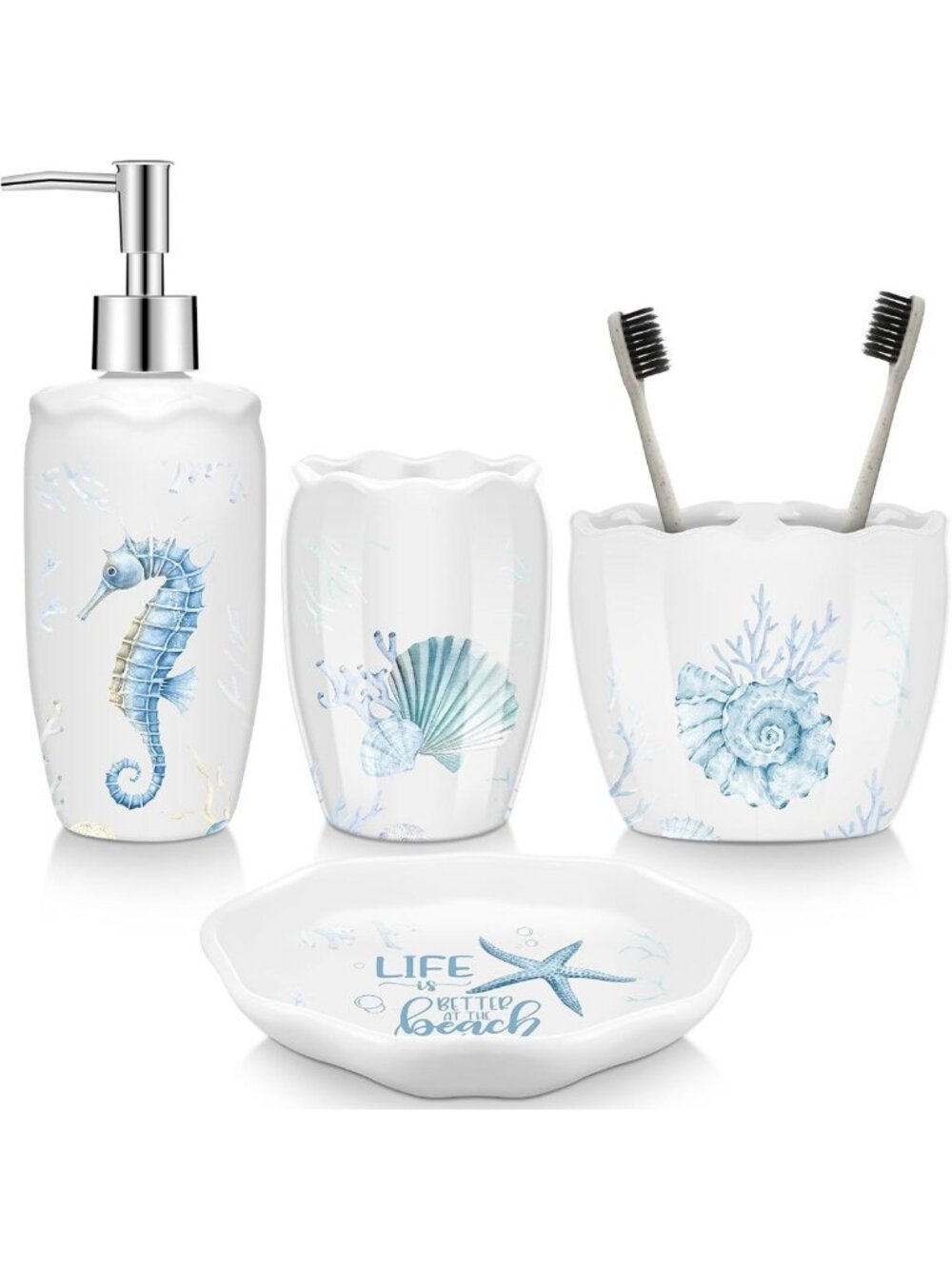 Ocean Animals Bathroom Set - 4 Pcs Beach Decor, Tumbler, Soap Dispenser & More